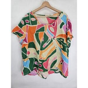 Christian Siriano Linen Blouse XL Cream Geo Print Boxy Colorful Designer Piece